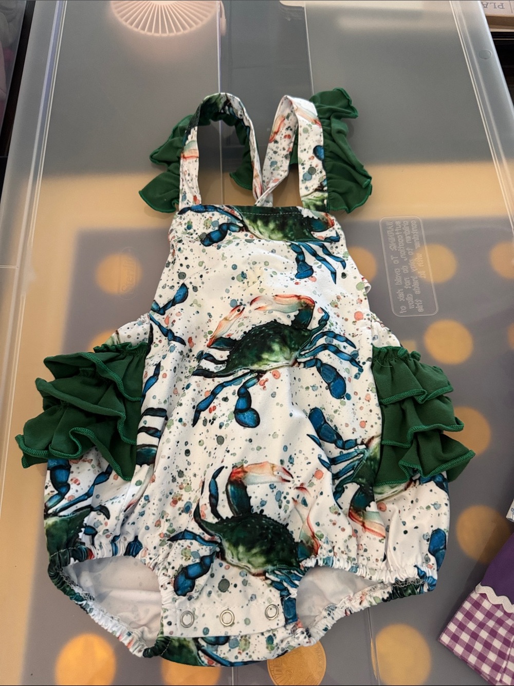 Crab Print Ruffle One-Piece Romper - Green Accents